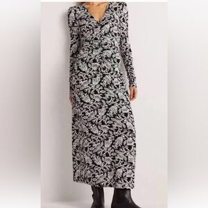Boden Monochrome Floral Long Sleeve Dress With Flattering Ruching